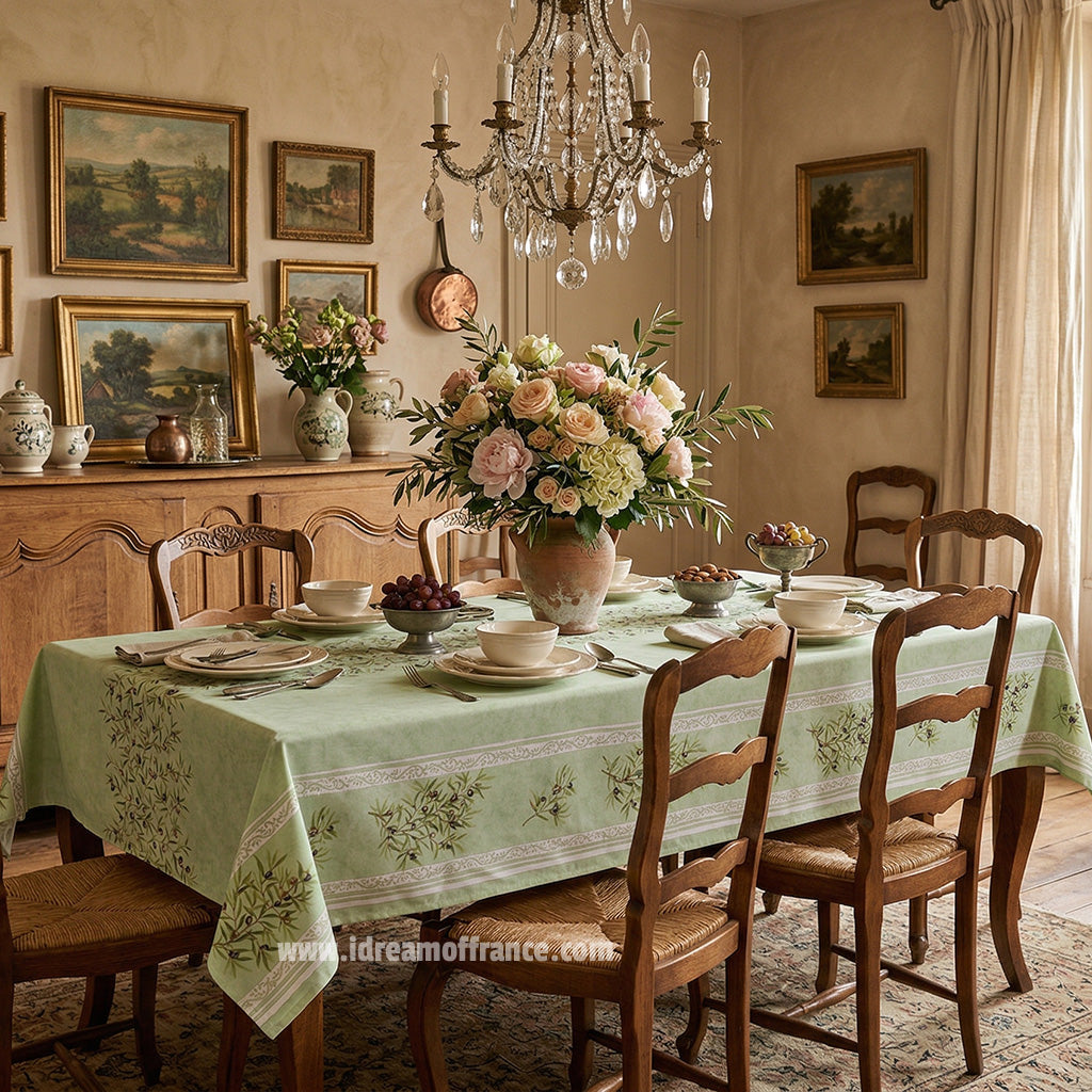 60x96" Rectangular Clos des Oliviers Green Double Border Tablecloth by l'Ensoleillade