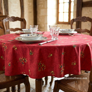French Provencal tablecloth - Cotton, natural or acrylic-coated - 58" round - Clos des Oliviers red | Label France - Lifestyle