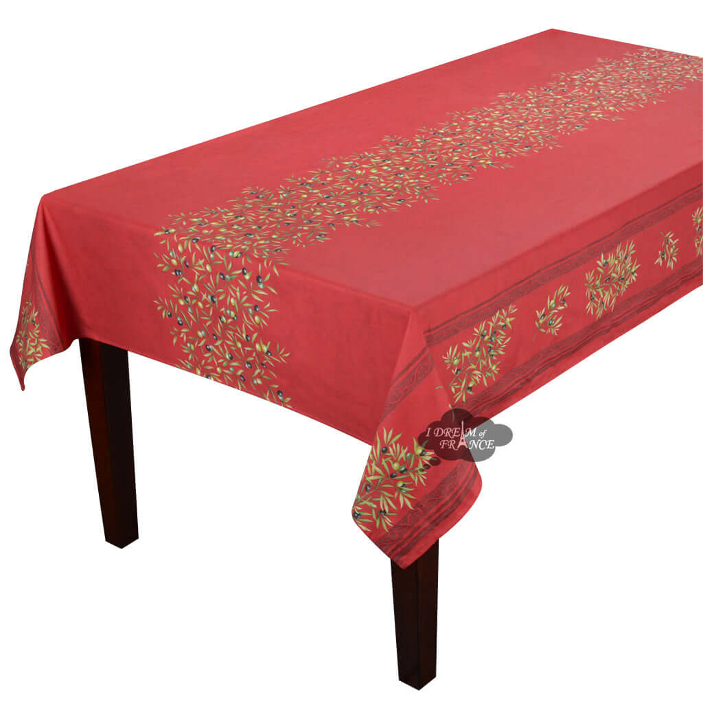 60x138" Rect Clos des Oliviers Red Double Border Acrylic-Coated Cotton Tablecloth by l'Ensoleillade