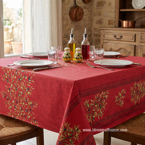 60" Square Clos des Oliviers Red Double Border Acrylic-Coated Cotton Tablecloth by Label France
