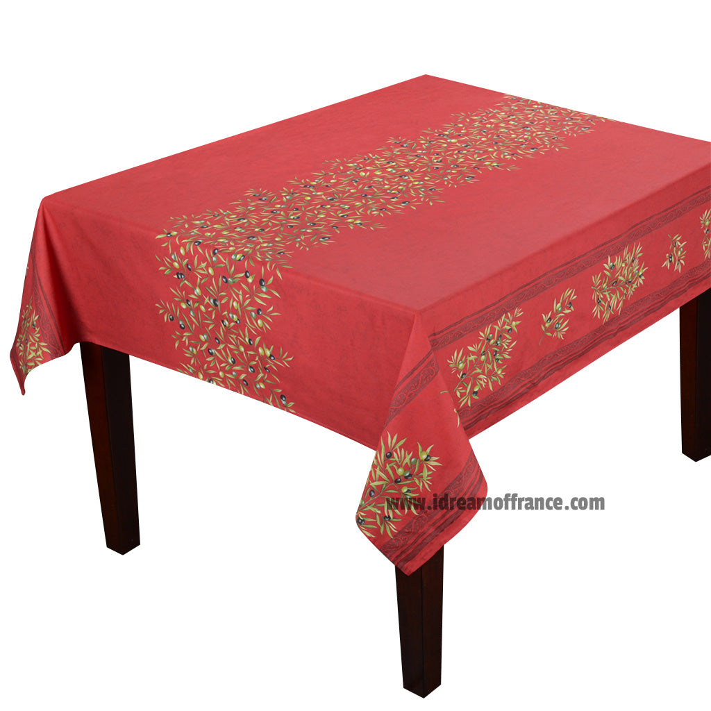 60" Square Clos des Oliviers Red Double Border Acrylic-Coated Cotton Tablecloth by Label France