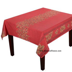 60" Square Clos des Oliviers Red Double Border Acrylic-Coated Cotton Tablecloth by Label France