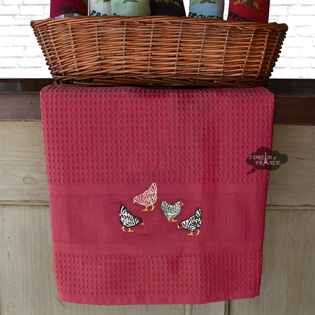 French Hens Burgundy Waffle-Weave Kitchen Towel by Coton Blanc