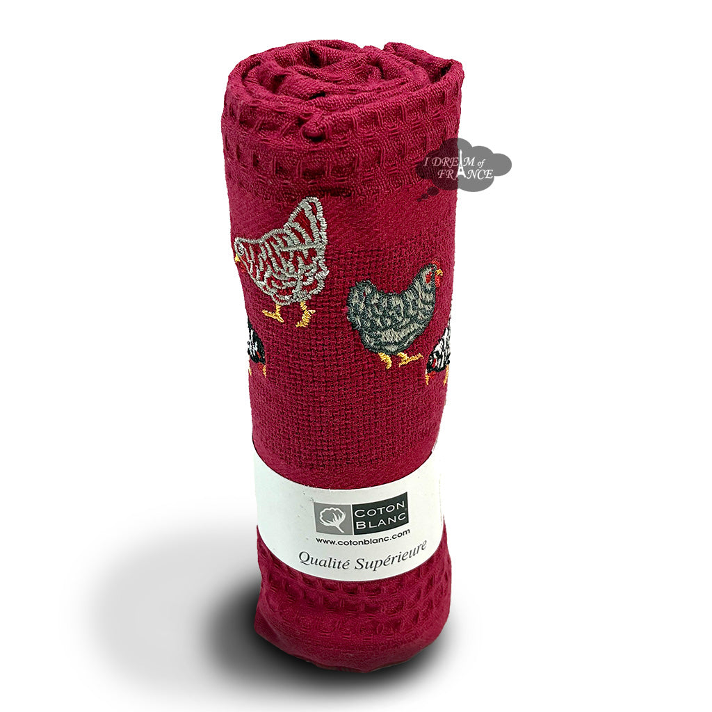 French Hens Burgundy Waffle-Weave Kitchen Towel by Coton Blanc