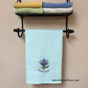 French kitchen towel - Waffle-weave - Embroidered - Lavender bouquet aqua | Cotton Blanc
