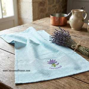 French kitchen towel - Waffle-weave - Embroidered - Lavender bouquet aqua | Cotton Blanc - Lifestyle