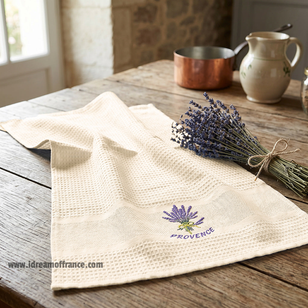 French kitchen towel - Waffle-weave - Embroidered - Lavender bouquet ivory | Cotton Blanc