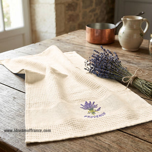 French kitchen towel - Waffle-weave - Embroidered - Lavender bouquet ivory | Cotton Blanc