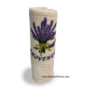 French kitchen towel - Waffle-weave - Embroidered - Lavender bouquet ivory | Cotton Blanc