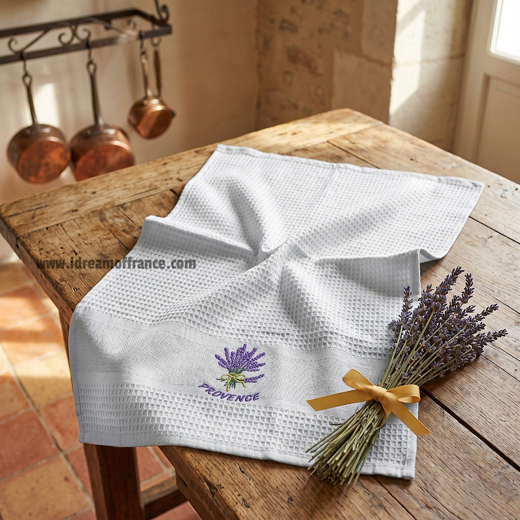 Provence Lavender Bouquet White Waffle-Weave Kitchen Towel by Coton Blanc