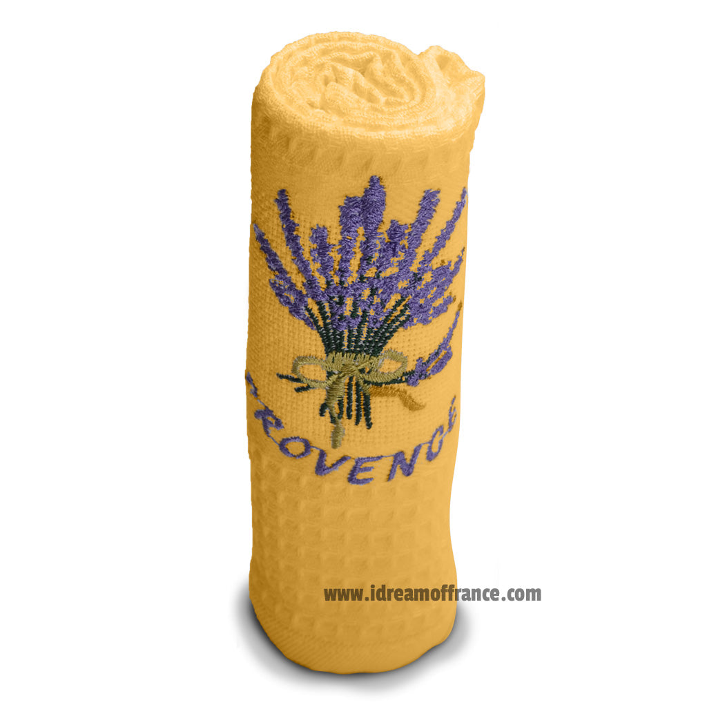 French kitchen towel - Waffle-weave - Embroidered - Lavender bouquet yellow | Cotton Blanc