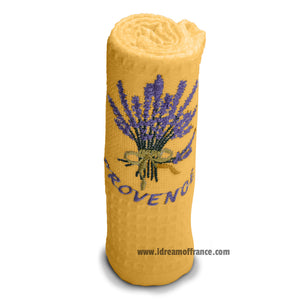 French kitchen towel - Waffle-weave - Embroidered - Lavender bouquet yellow | Cotton Blanc