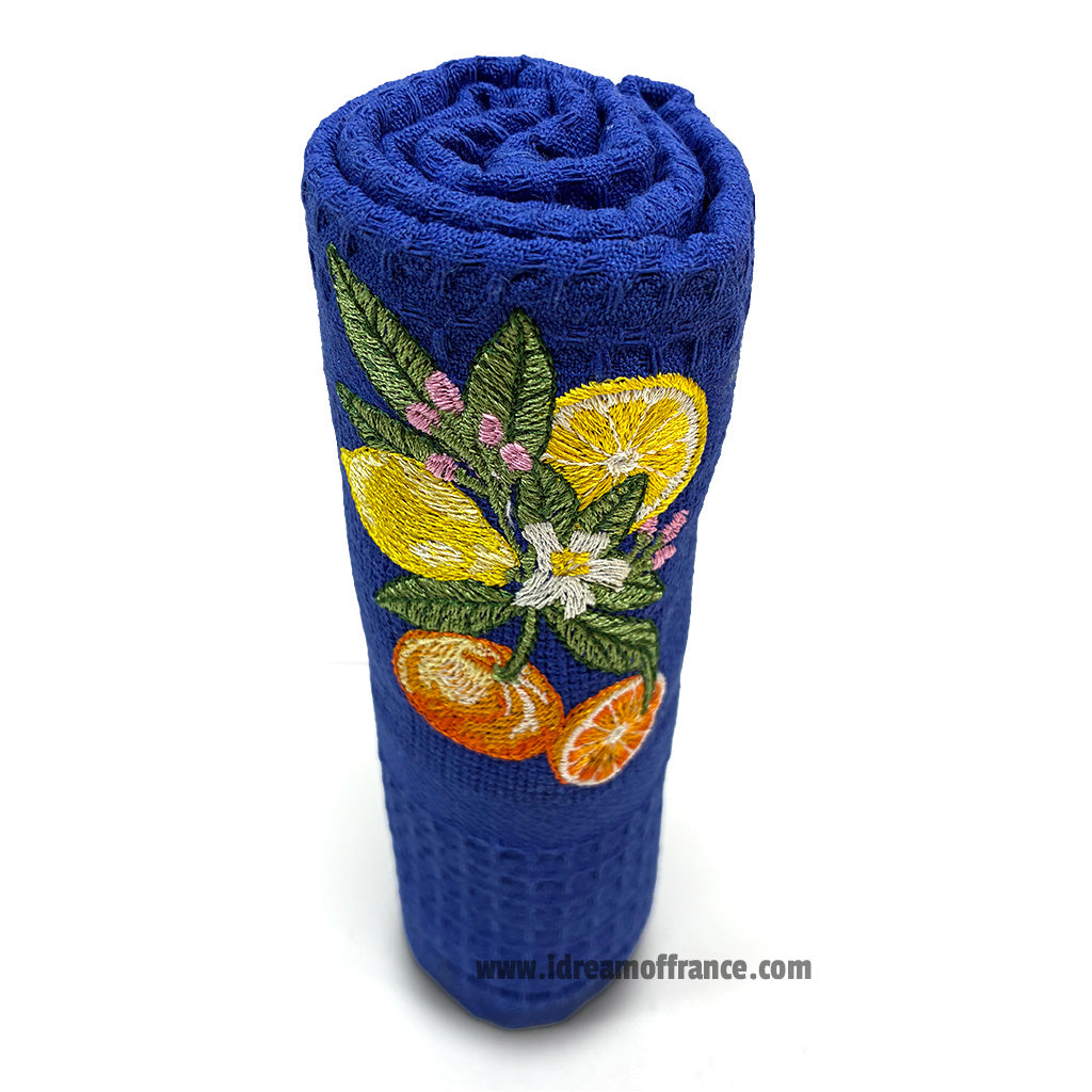 French kitchen towel - Waffle-weave - Embroidered - Lemons & oranges blue | Cotton Blanc