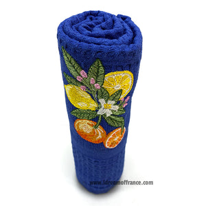 French kitchen towel - Waffle-weave - Embroidered - Lemons & oranges blue | Cotton Blanc