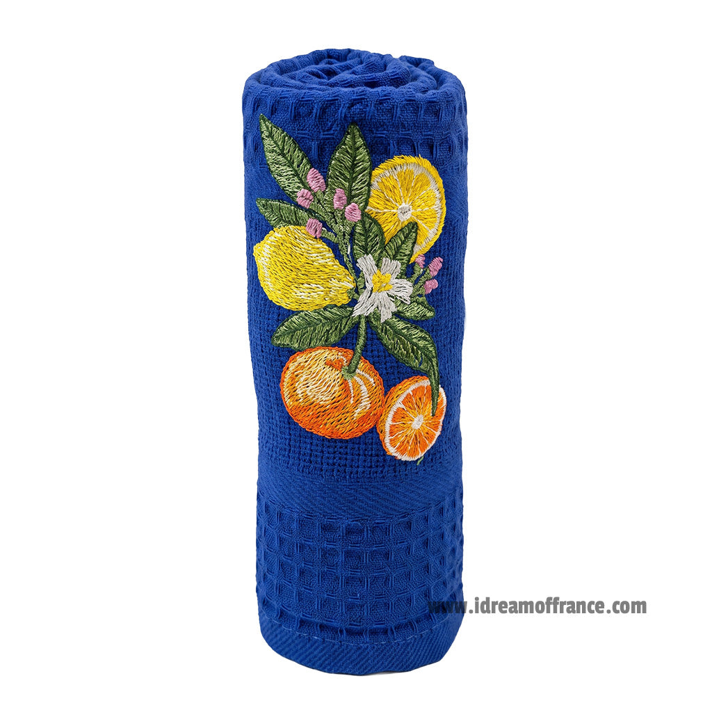 French kitchen towel - Waffle-weave - Embroidered - Lemons & oranges blue | Cotton Blanc