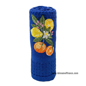 French kitchen towel - Waffle-weave - Embroidered - Lemons & oranges blue | Cotton Blanc