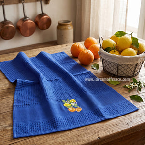 French kitchen towel - Waffle-weave - Embroidered - Lemons & oranges blue | Cotton Blanc - Lifestyle