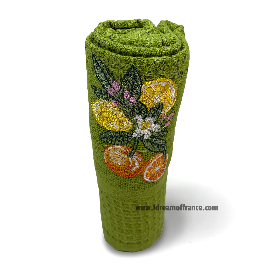 French kitchen towel - Waffle-weave - Embroidered - Lemons & oranges green| Cotton Blanc
