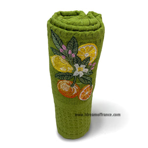 French kitchen towel - Waffle-weave - Embroidered - Lemons & oranges green| Cotton Blanc