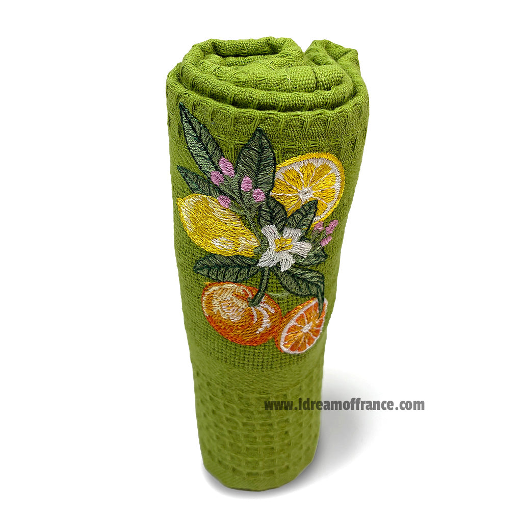 French kitchen towel - Waffle-weave - Embroidered - Lemons & oranges green | Cotton Blanc
