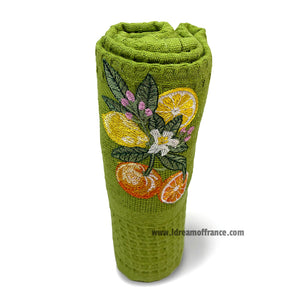 French kitchen towel - Waffle-weave - Embroidered - Lemons & oranges green | Cotton Blanc