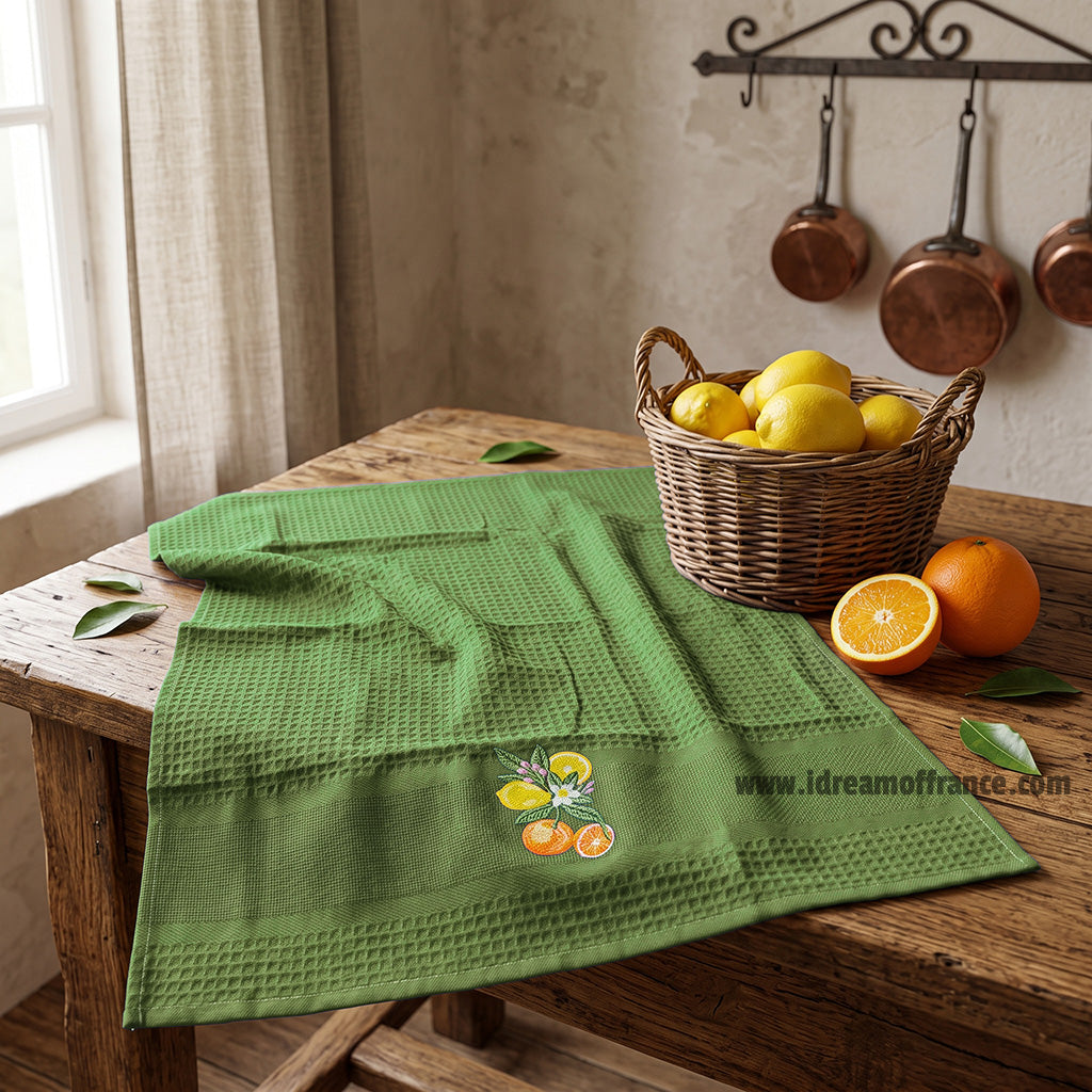 French kitchen towel - Waffle-weave - Embroidered - Lemons & oranges green| Cotton Blanc
