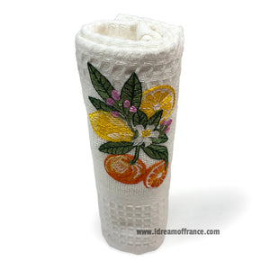 French kitchen towel - Waffle-weave - Embroidered - Lemons & oranges white | Cotton Blanc