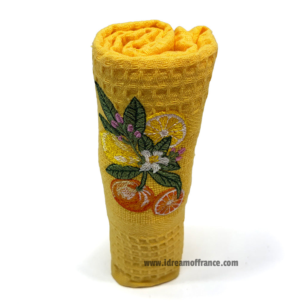 French kitchen towel - Waffle-weave - Embroidered - Lemons & oranges yellow | Cotton Blanc