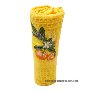 French kitchen towel - Waffle-weave - Embroidered - Lemons & oranges yellow | Cotton Blanc