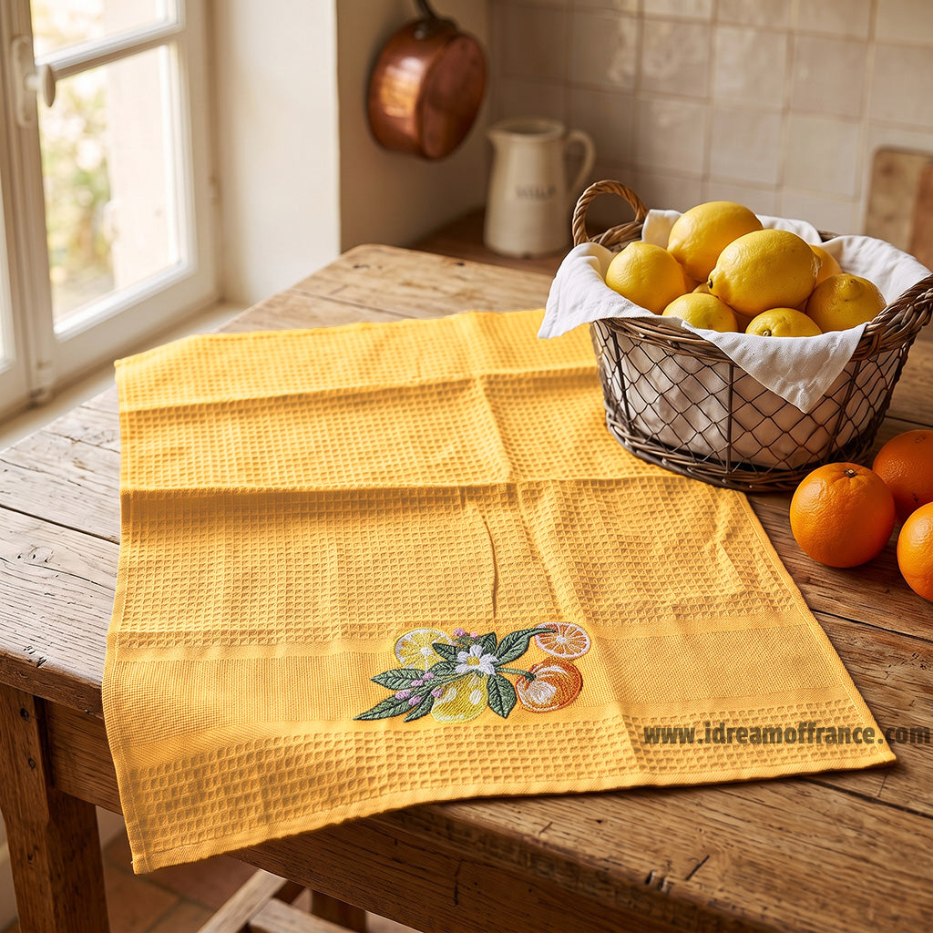 French kitchen towel - Waffle-weave - Embroidered - Lemons & oranges yellow | Cotton Blanc