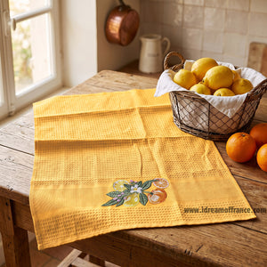 French kitchen towel - Waffle-weave - Embroidered - Lemons & oranges yellow | Cotton Blanc