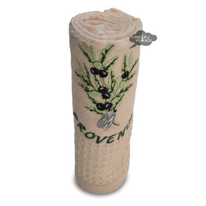 Provence Olives & Cicada Taupe Waffle-Weave Kitchen Towel by Coton Blanc