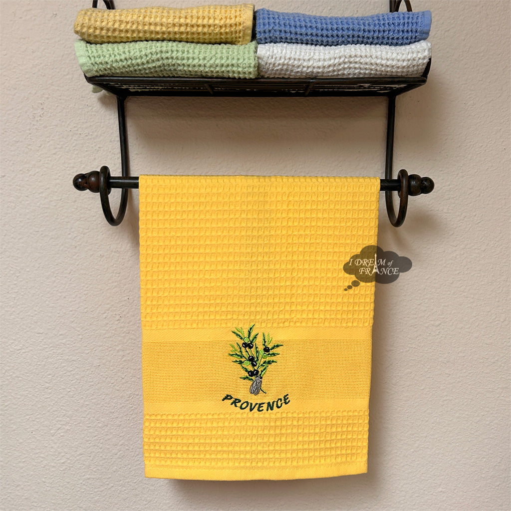 Provence Olives & Cicada Yellow Waffle-Weave Kitchen Towel by Coton Blanc