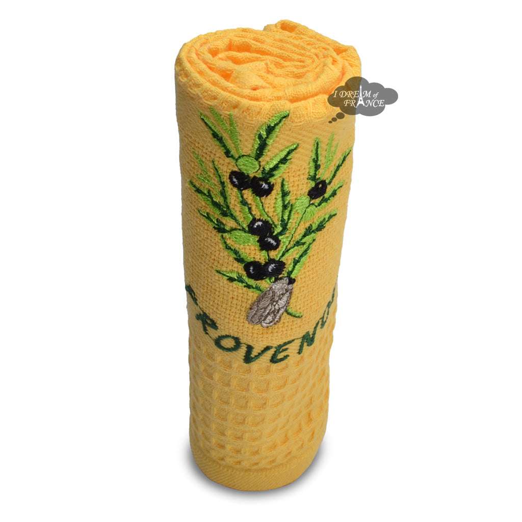 Provence Olives & Cicada Yellow Waffle-Weave Kitchen Towel by Coton Blanc