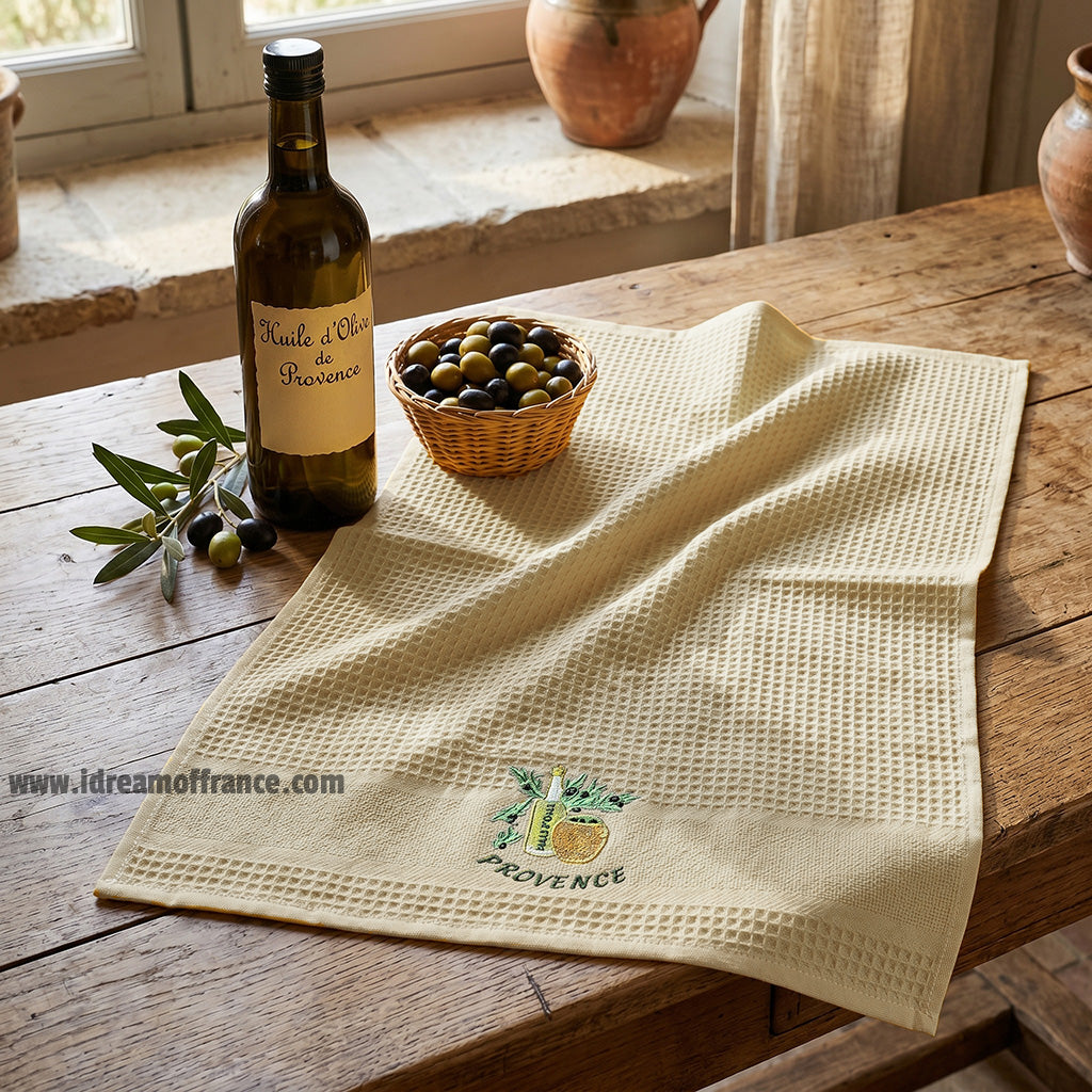 Provence Olive Oil Cream Waffle-Weave Kitchen Towel by Coton Blanc