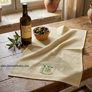 French kitchen towel - Waffle-weave - Embroidered - Olive oil cream | Cotton Blanc - Lifestyle