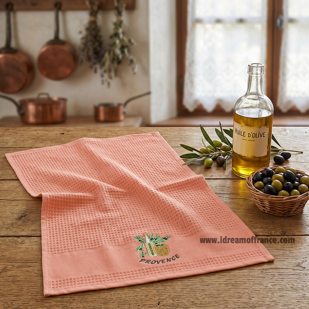 Provence Olive Oil Peach Waffle-Weave Kitchen Towel by Coton Blanc