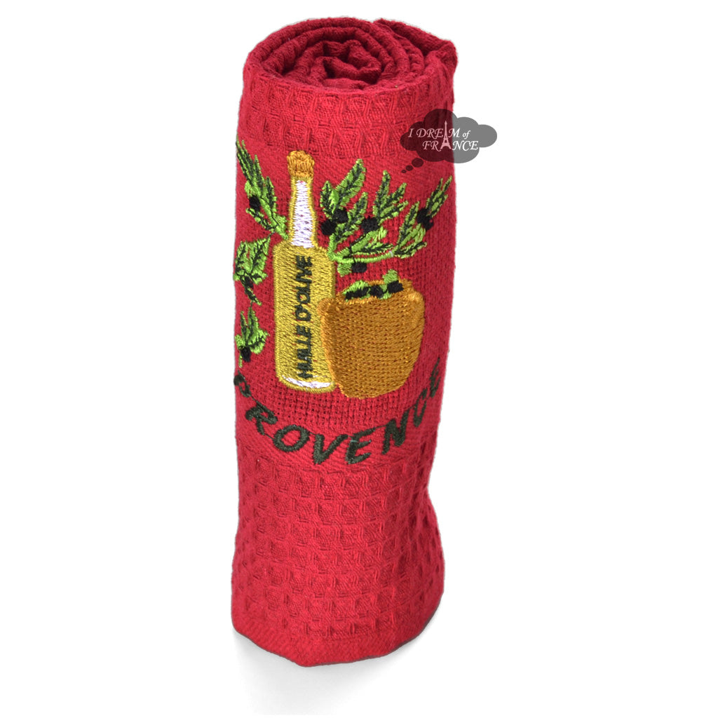 Olive Oil Red Waffle-Weave Kitchen Towel by Coton Blanc