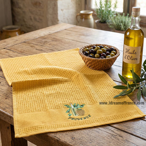 French kitchen towel - Waffle-weave - Embroidered - Olive oil yellow | Cotton Blanc