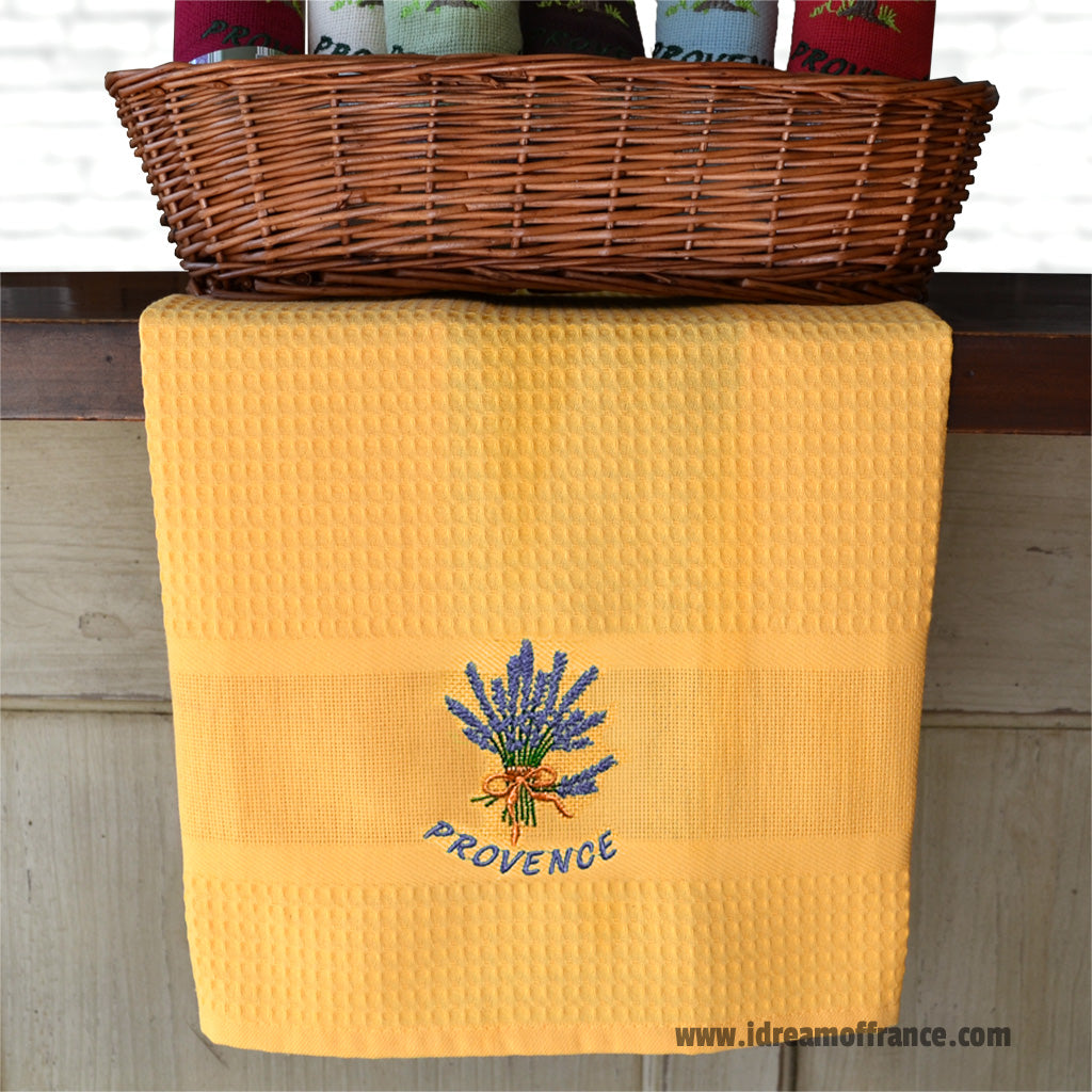 French kitchen towel - Waffle-weave - Embroidered - Lavender bouquet yellow | Cotton Blanc