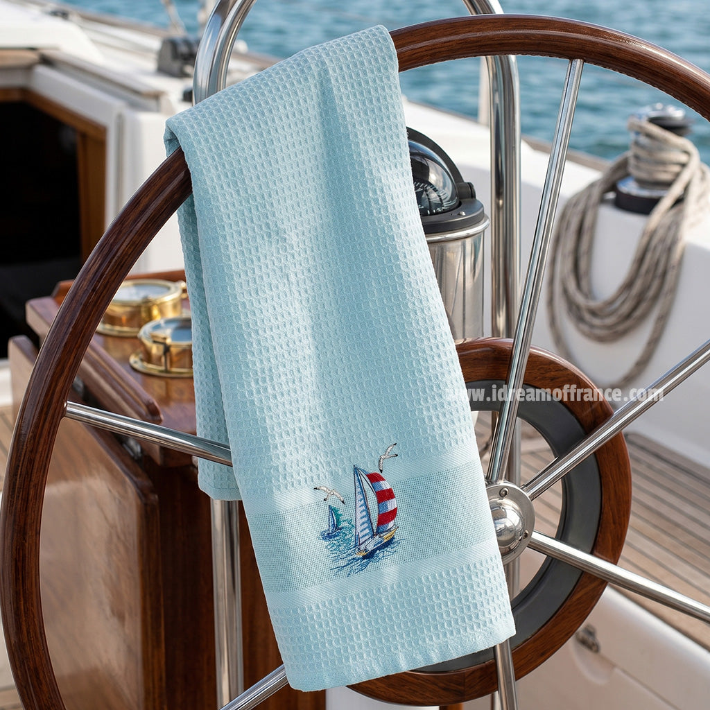 French kitchen towel - Waffle-weave - Embroidered - Sailboat aqua | Cotton Blanc