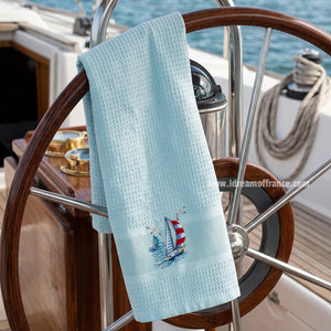 French kitchen towel - Waffle-weave - Embroidered - Sailboat aqua | Cotton Blanc - Lifestyle