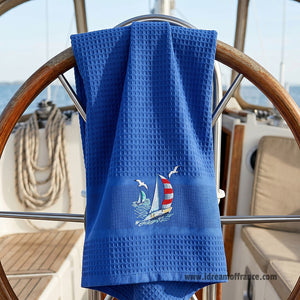 French kitchen towel - Waffle-weave - Embroidered - Sailboat navy | Cotton Blanc