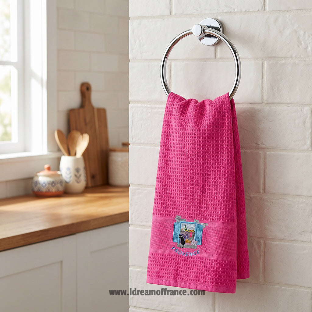 Provence Window Pink Waffle-Weave Kitchen Towel by Coton Blanc
