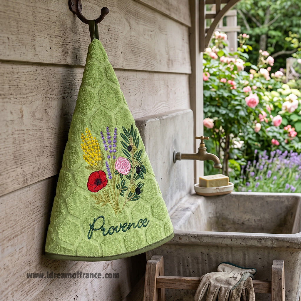 French Hand Towel - Terry cotton - Round hanging - Provence bouquet green | Coton Blanc