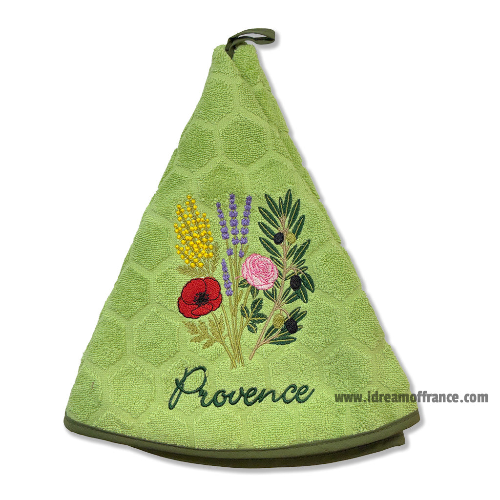 French Hand Towel - Terry cotton - Round hanging - Provence bouquet green | Coton Blanc