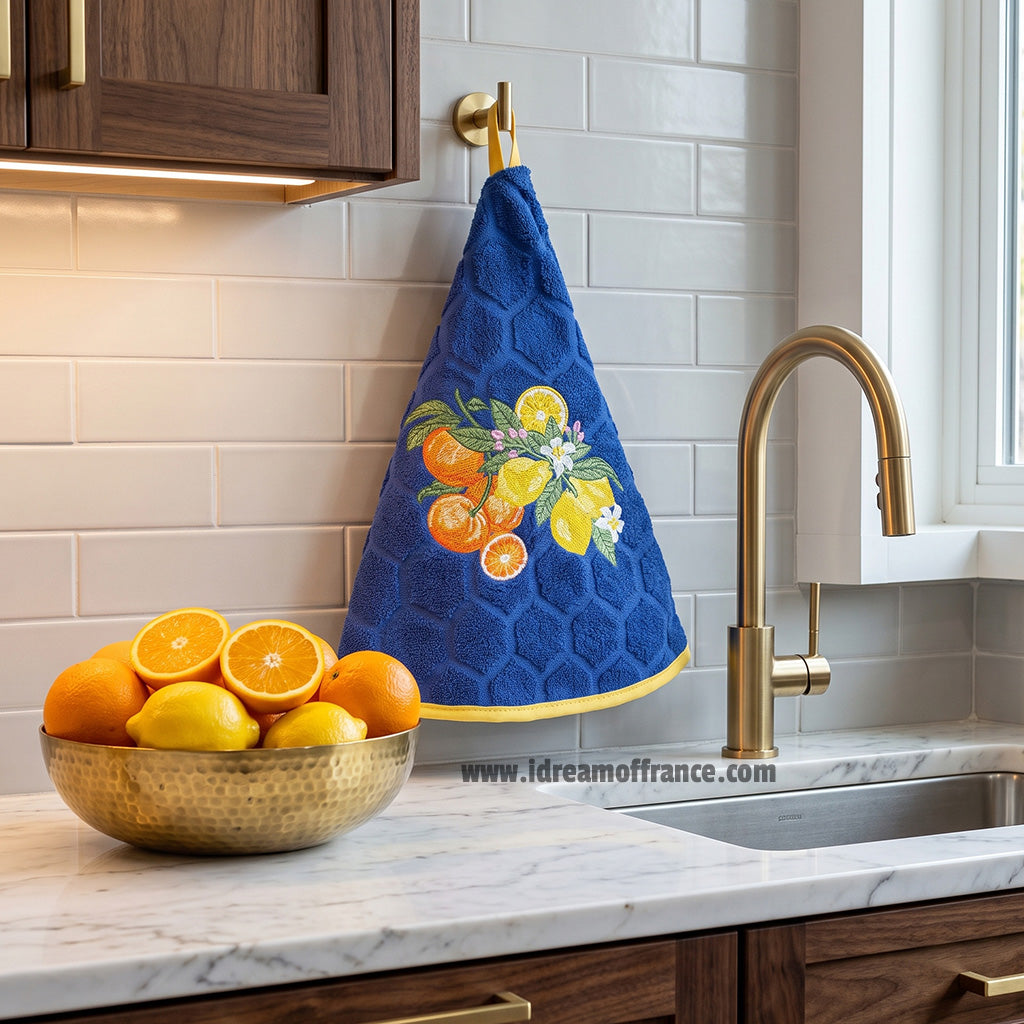 French Hand Towel - Terry cotton - Round hanging - Citrus blue | Coton Blanc
