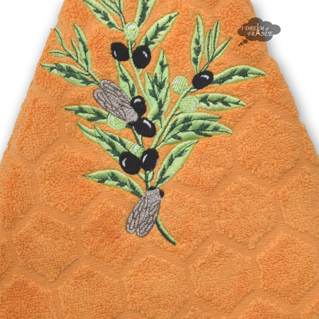 Round Terry Hand Towel Olives & Cicadas Apricot by Coton Blanc