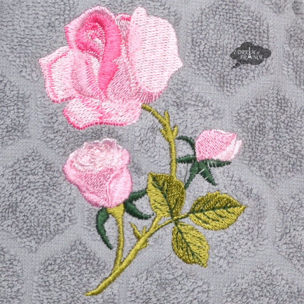 Round Terry Cotton Hand Towel Pink Roses Gray by Coton Blanc