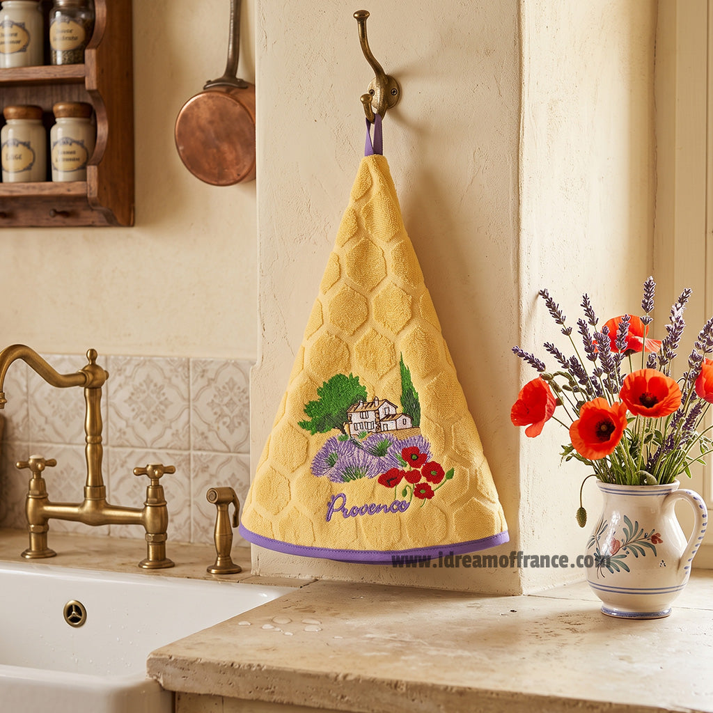 French Hand Towel - Terry cotton - Round hanging - Provence farmhouse yellow | Coton Blanc